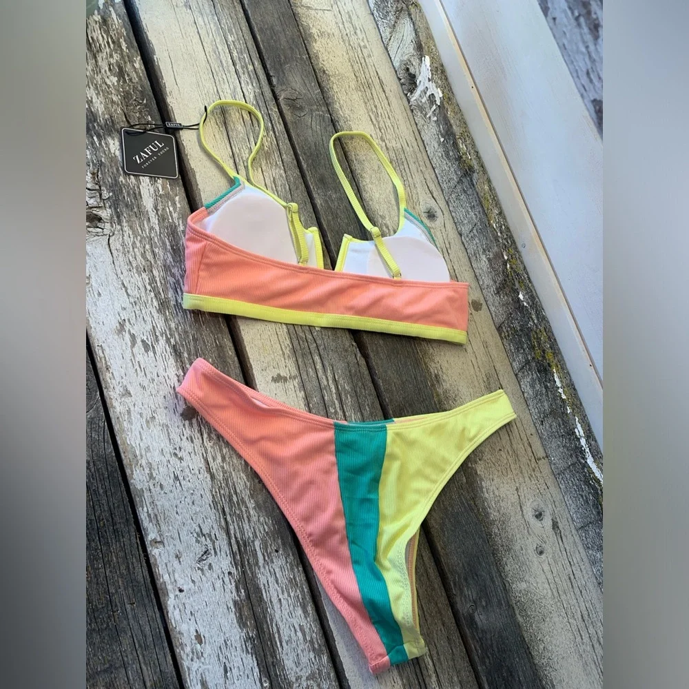 Zaful | NWT Pastel Ribbed V-Wire Cami Bikini Two Piece Swimsuit - Picture 6 of 10